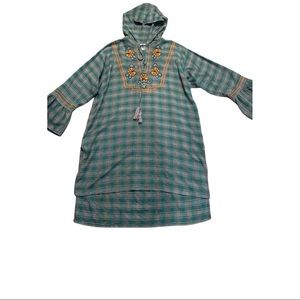 Ivy Jane xl tunic hoody plaid flannel w/embroid.35”L frt 40”L back rufflesleeve